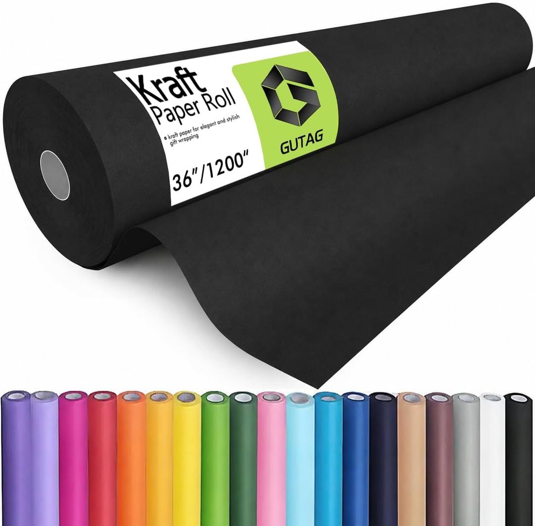 GUTAG 36" x 1200" (100') Kraft Paper Roll for Craft Bulletin Board Paper Art Table Covering Crafting Gift Wrapping Bouquet Packing Parcel 70GSM 50LB (Black, 36x1200)
