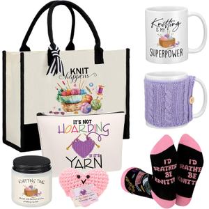 Amylove 8 Pcs Crochet Gifts Set for Women Trapezoid Grocery Canvas Tote Bags with Handle Scented Candle Novelty Socks Cosmetic Bag Mug Heart Crochet Doll Card Xmas Gifts for Knitting Lovers Crocheters