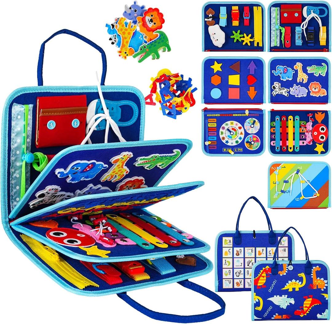 Montessori Busy Board for Toddlers Sensory Busy Book with Buckles, Zippers, Letters, Animals, Toddler Activities Fine Motor Skills Development Learning for Boys Girls Travel Activity, 15.0 Inches X 12.0 Inches