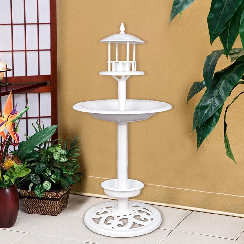 Bird Bath for Outdoor Stand Bird Feeder with Planter in Plastic for Garden Lawn Backyard Patio Balcony Decor with 27.5 Height (White)