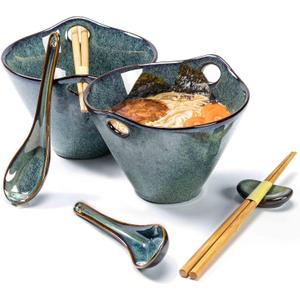 Henten Home 20 OZ Ramen Bowls Set, Ceramic Japanese Noodle Bowls Set of 2, Porcelain Deep Salad Bowl with Chopsticks for Udon, Reactive Glaze, Microwave Safe (Teal) (Green)