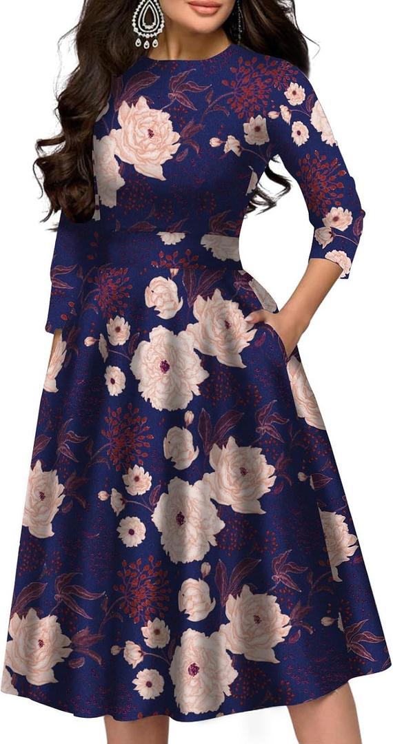 Simple Flavor Women's Floral Vintage Dress Elegant Midi Evening Dress 3/4 Sleeves (Blue, XXL)