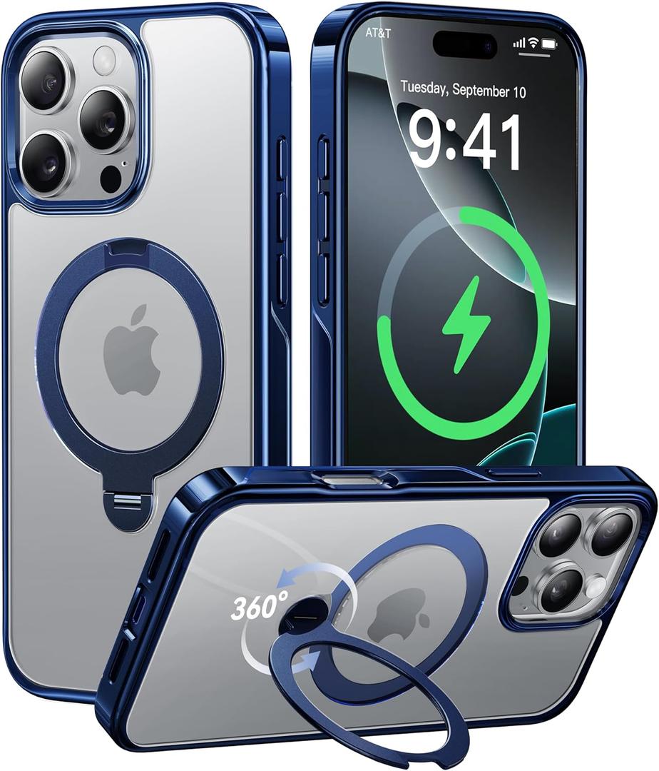 CASEKOO Titanium 360Rotatable Magnetic Stand for iPhone 16 Pro Max Case [Compatible with Magsafe][16FT Military Protection] Transparent Slim Polished Frame Titanium Alloy Sturdy Stand 6.9'', Blue