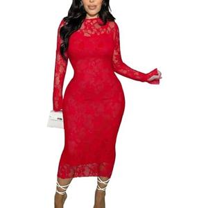 Binightt Womens Floral Lace Bodycon Midi Dress Long Sleeve Sexy See Through Mesh Club Party 2 Piece Dress Set Size L