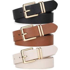 Pack 3 Women Belts for Jeans Pants, Fashion Gold Buckle Leather Belts