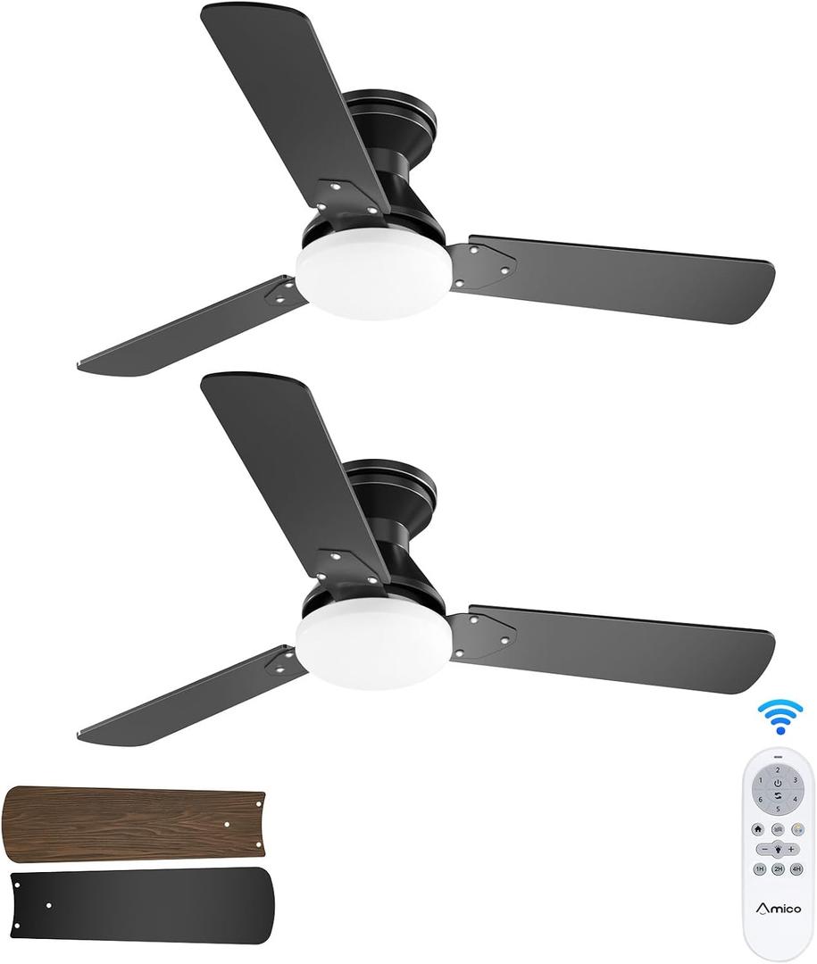 Amico 2 Pack 42 Inch Low Profile Ceiling Fans with Lights, Remote, Black