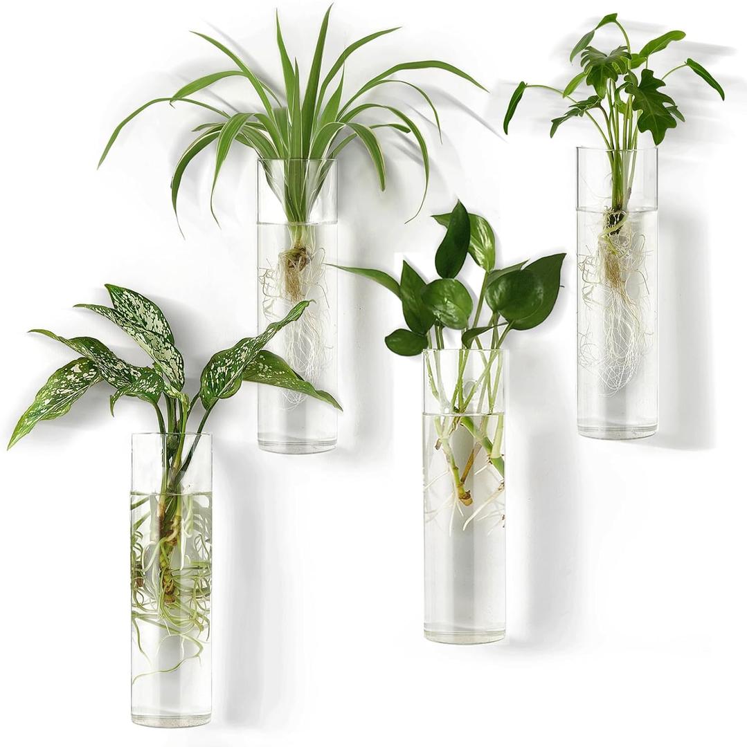 Mkono Propagation Station Wall Planter Hanging Glass Tubes Flower Vase for Hydroponics Plants, Bathroom, Home Office Living Room Decor Gift, Cylinder Set of 4(Plants not Included)
