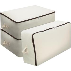 Omygarden 3 Pack Clothes Storage Bag Organizer with Sturdy Zipper for Quilts, Sweaters, Beddings, Blanket, Blouses and More, Beige