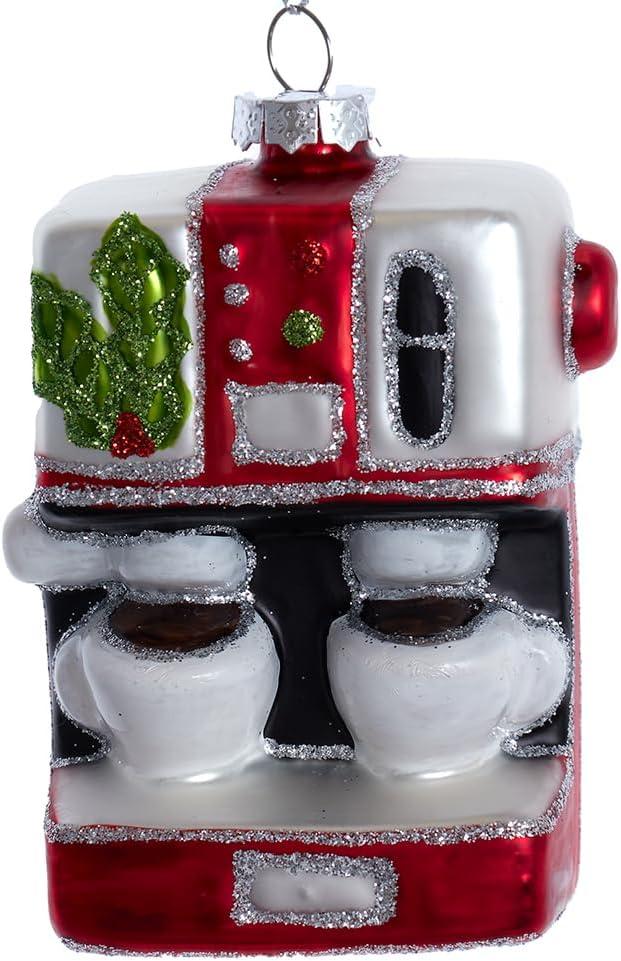 Kurt Adler Glass Red and Silver Cappucino Maker with Holly Ornament