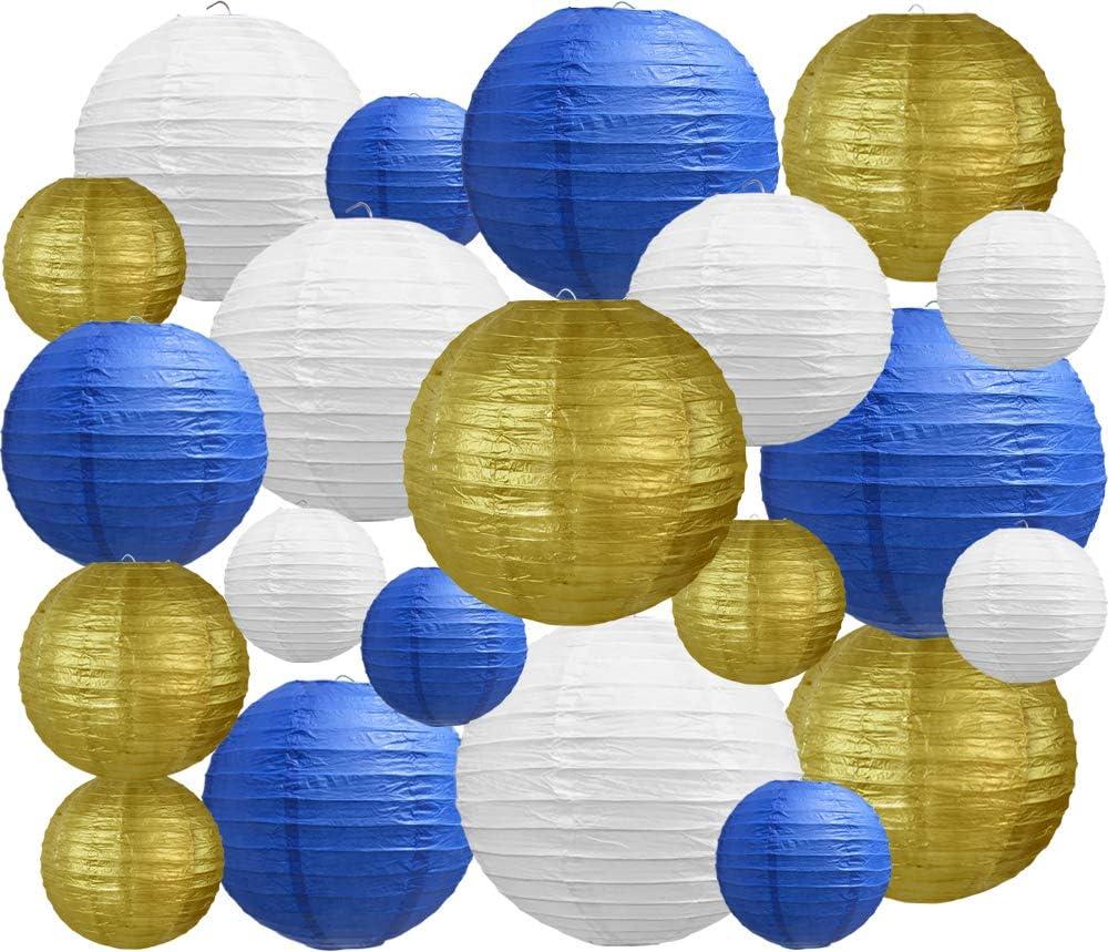 BEISHIDA 21 Pcs Blue Gold White Round Paper Lanterns Decorative Hanging Asia Chinese Japanese Paper Lanterns Lamp for Birthday Wedding Baby Bridal Shower Graduation Party Classroom Decoration (4681012 Inch)