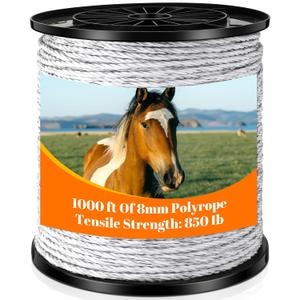 Electric Fence Polywire 1000 Feet(305m) Length, 0.3 Inch Wide(8mm) Electric Fencing Wire with 6 Stainless Steel Strands Portable Fence Rope for Livestock Garden(White)