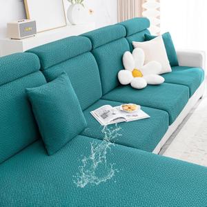 Smiry Waterproof Couch Cushion Covers, Stretch Jacquard Thick Sofa Cushion Covers, Washable Seat Slipcover Elastic Furniture Protector for Pets, Kid (Medium, Peacock Green)