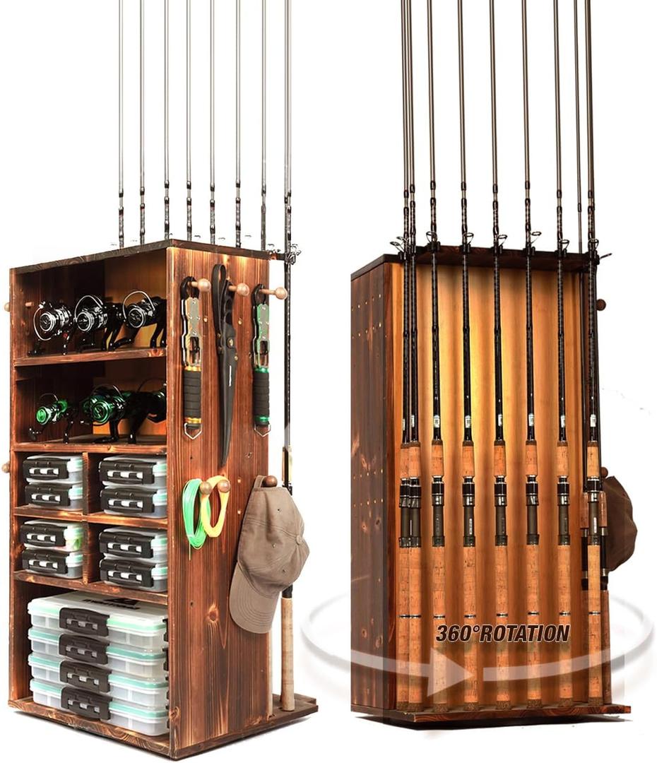 Ghosthorn Fishing Rod Holders for Garage Storage up to 10 Rods or Combos Fishing Pole Holders 360 Rotating Rod Rack Fishing Gear Equipment Tackle Organizer Wood Floor Stand for Men Women