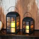 TRIROCKS Set of 2 Decorative Candle Lantern 14&10.5''H Outdoor Metal Lantern Modern Candle Holder with Tempered Glass for Home Garden Yard Patio Parties Indoors Outdoors (Black)