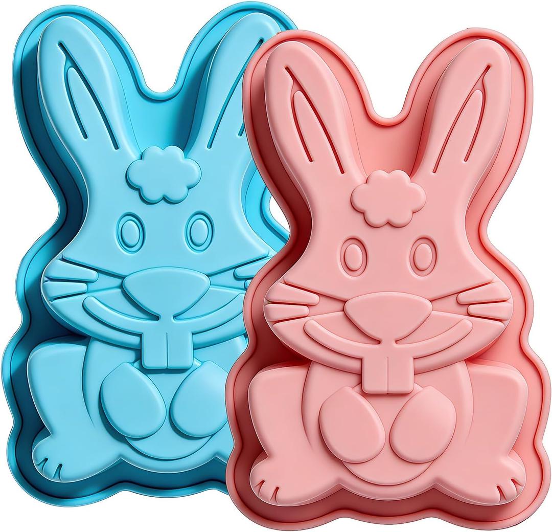 Easter Bunny Molds 2 Pack Bunny Cake Pan Rabbit Cake Mold Silicone Cute Cake Molds Jumbo Bunny Breakable Chocolate Gummy Mold for Baking Easter Day Party Cake Dessert Giant Gummy - Pink&Blue