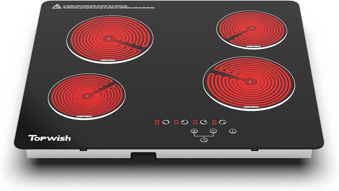 4 Burner Electric Cooktop, TOPWISH 24 Inch, Built-in Electric Stove Top, 220-240v Radiant Cooktop with Child Lock, Touch Control, Residual Heat Indicator, Overheat Protection, Hard Wire (No Plug)