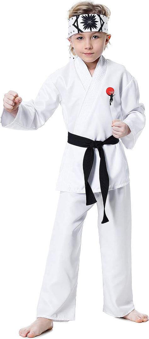 Costume Karate Dress Up Uniform With Headband Belt Pretend Play Halloween Party Cosplay Outfit for Kids (Medium, White)