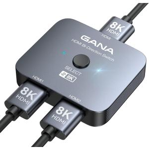 GANA HDMI 2.1 Switch, 8K HDMI Switcher Splitter Bi-Directional 2 in 1 Out, 4K@120Hz,8K@60Hz, 48Gbps Aluminum Ultra HD HDMI Hub Compatible with PS5/4,Xbox,Roku,Apple TV,Fire Stick (Gray)