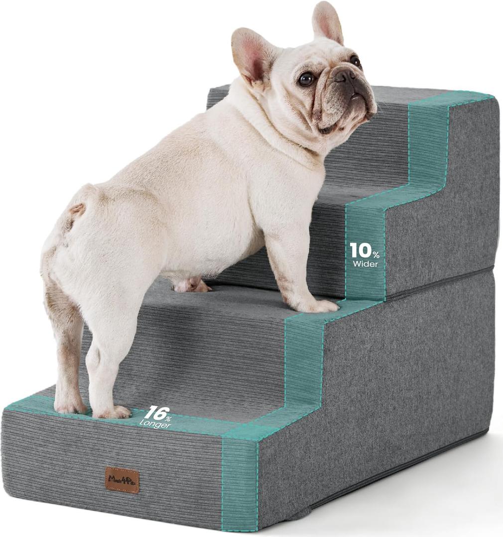 Made4Pets Dog Steps for Bed, Extra Wide Dog Stairs for High Bed Couch Sofa, 35D Foam Pet Steps for Small Dogs and Cats(Up to 40lbs), Non-Slip Bottom Pet Stairs, Grey, 4 Steps (28"x16"x18"H)