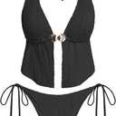 ZAFUL Women Striped Halter Bikini Set Backless String Tankini Tie Side Swimsuit Cheeky 2 Piece Bathing Suit (Black, S)