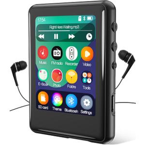 MP3 Player with Bluetooth 5.3,Tokemisc 16GB Full Touchscreen Kids Portable Music Device with Speaker,FM Radio,E-Book,Built-in Micro SD Card Slot,Earphones Included,Max 256GB Expand (Black)