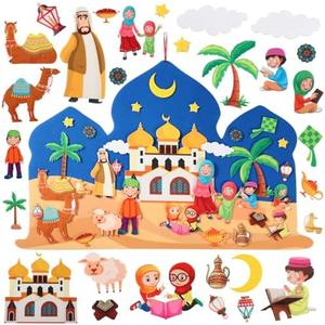 Breling DIY Felt Eid Al-adha Crafts for Kids 3x2 ft Mosque Scene Eid Mubarak Craft with 31 Detachable Mosque Moon Star Ornaments for Kid Toddler Muslim Ramadan Islamic Gift Wall Hanging Decoration