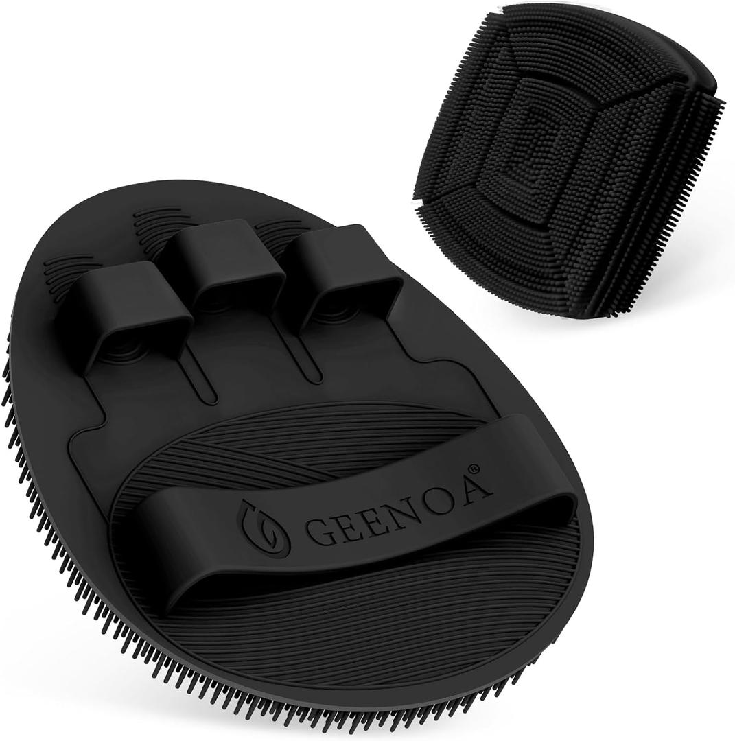 Silicone Body & Face Scrubber Set, 360 Anti-Slip & Hand-fit Silicone Shower Scrubber for Rich Foaming Deep Cleaning, Unique Facial Scrubber with Side-bristles for Contoured Areas (Black)