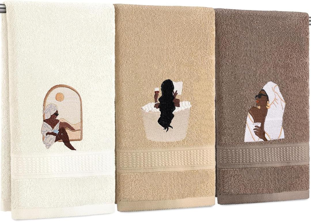 3 Pcs African American Woman Hand Towels for Bathroom African Black Girl Bathroom Decor Brown Decorative Farmhouse 100% Cotton Embroidered Kitchen Towels, 13.3 x 29.5''