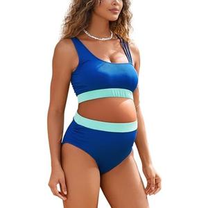 MOMOOD Maternity Two Piece Swimsuit High Waisted Strappy Bikini Set Bathing Suit 2XL Blue