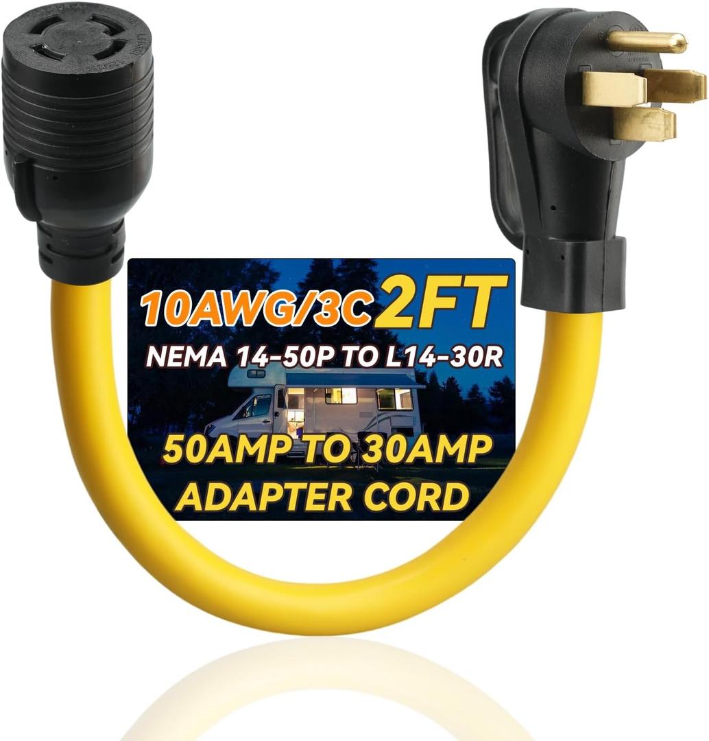 NEMA 14-50P to L14-30R Generator Adapter with 2FT Extension Cord, 50 Amp 4-Plug Male Plug to 30 Amp 4-Plug Female Plug for for RV campgrounds, Household Appliances(Yellow)