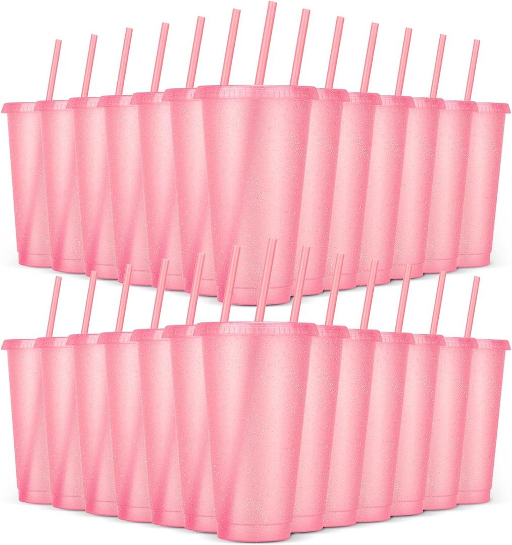 24 Pack Plastic Tumblers with Lids and Straw, Reusable Cups with Lids and Straws Colorful Cups for Cold Drink Iced Coffee, Plastic Tumbler Bulk for Party Birthday Gifts (24 oz, Light Pink)