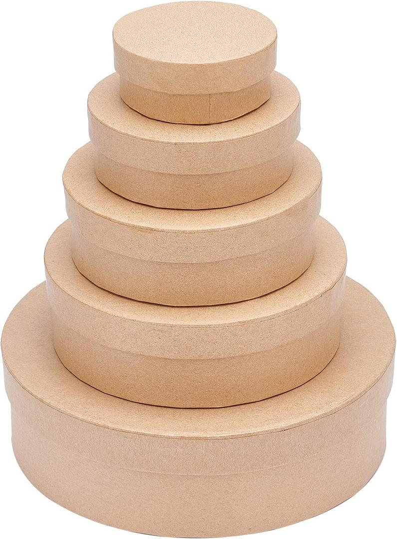 BENECREAT 5 Sizes Papier Mache Flat Round Boxes Nesting Stacking Craft Paper Gift Box for Candy Chocolate Biscuits, Halloween Christmas, Wedding Festival Gift Packaging