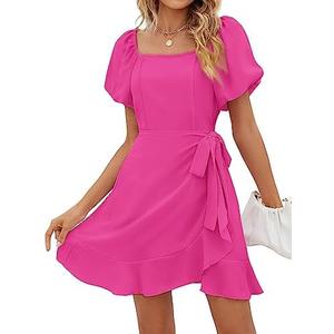 SAMPEEL Womens Summer Dresses Square Neck Puff Sleeve Tie Waist Short Dress, Large 