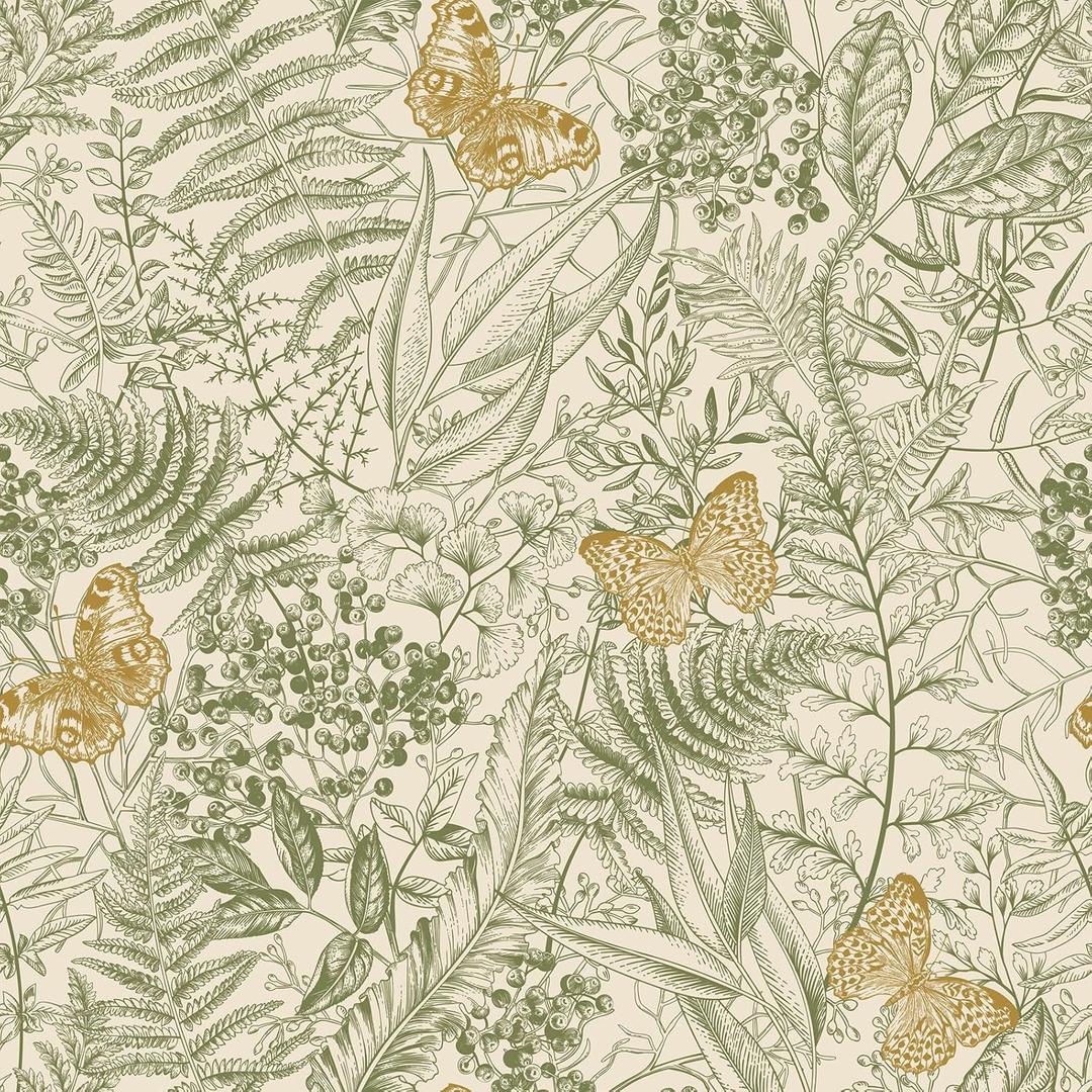 VEELIKE Green Fern Wallpaper Boho Butterflies Botanical Peel and Stick Wallpaper for Bedroom Bathroom 17.7''x118'' Removable Vintage Leaf Wallpaper Self Adhesive Forest Contact Paper for Cabinets Wall