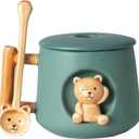 DIHOclub Ceramic Coffee Mug with Lid and Matching Spoon,Novelty 3D Bear Pattern Mug 14 Ounces (Geeen)