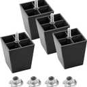 M8-1.25 Metric Thread Bolts Plastic Furniture Legs 3 Inch Black Square Sofa Feet with T-Nuts - Couch Feet Replacement - Couch Legs Set of 4