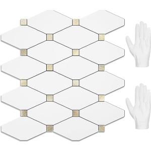 STICKGOO 10 Sheets Peel and Stick Backsplash, Pure White Marble Look PVC Mixed Metal Gold Kitchen Backsplash, Stick on Backsplash Wall Tiles for Kitchen, Bathroom, RV