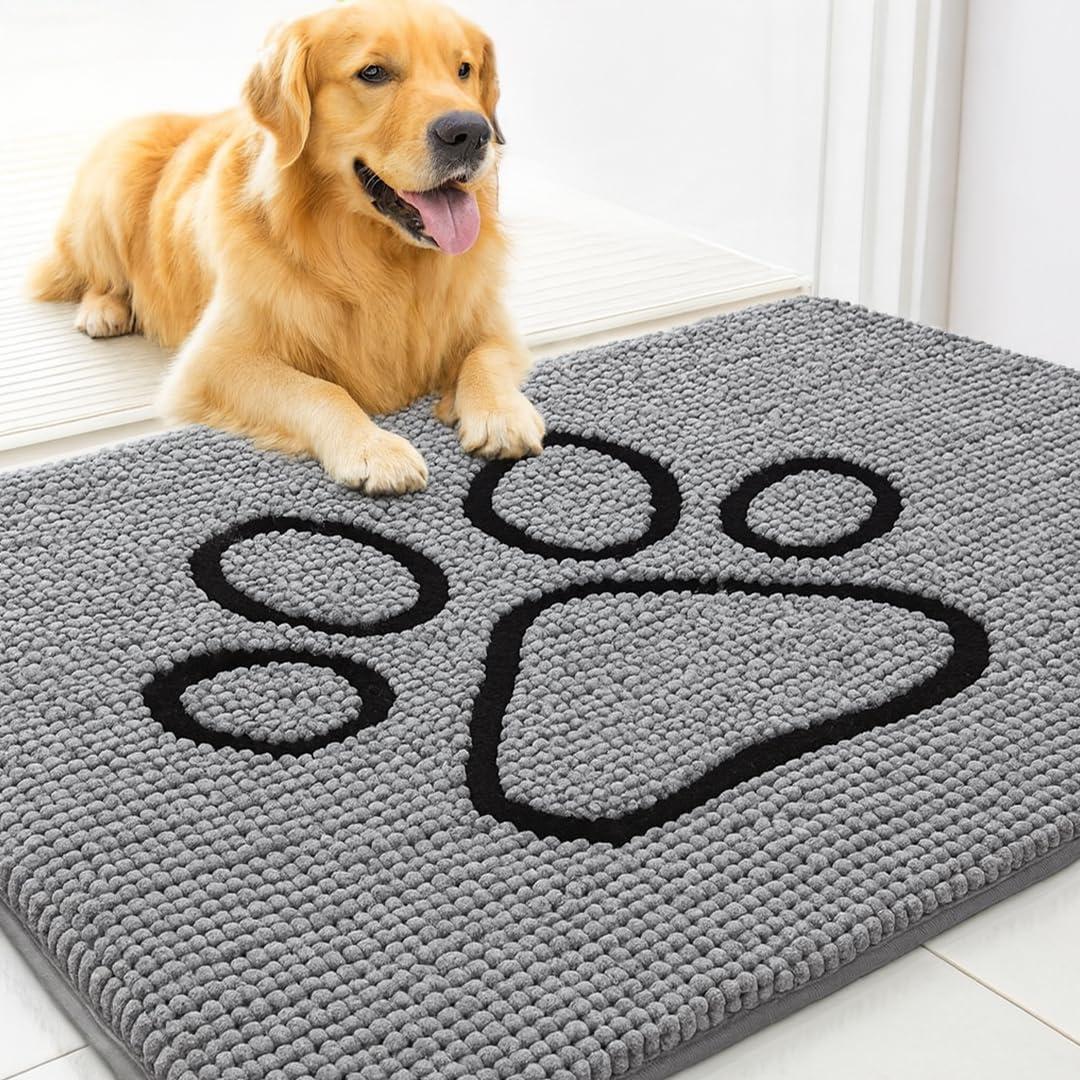 MUDGUARD MAT Dog Door Mat with Paw Design for Muddy Paws, Super Absorbent Microfiber, Non-Slip Indoor Mat, Quick-Dry Chenille Rug for Pets & Entryway, Machine Washable, Grey 19" x 30"