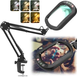 10X Rectangle Magnifying Glass with Light, 5 Color Modes Stepless Dimmable Magnifier with Stand, LED Lighted Clamp Desk Lamp with Swing Arm, Hands Free for Reading Painting Crafts Close Work (Black)