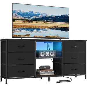 SONGMICS BELLAH Collection - TV Stand for TVs Up to 65 Inches, Dresser for Bedroom, Living Room, Chest of Drawers, Steel, 6 Drawers and 2 Shelves, Modern, Ink Black ULGS132B101S, 13.8"D x 57.8"W x 26.8"H
