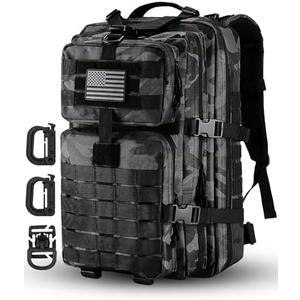 Hannibal Tactical MOLLE Assault Pack, Tactical Backpack Military Army Camping Rucksack, 3-Day Pack Trip w/USA Flag Patch, D-Rings, Black Camo
