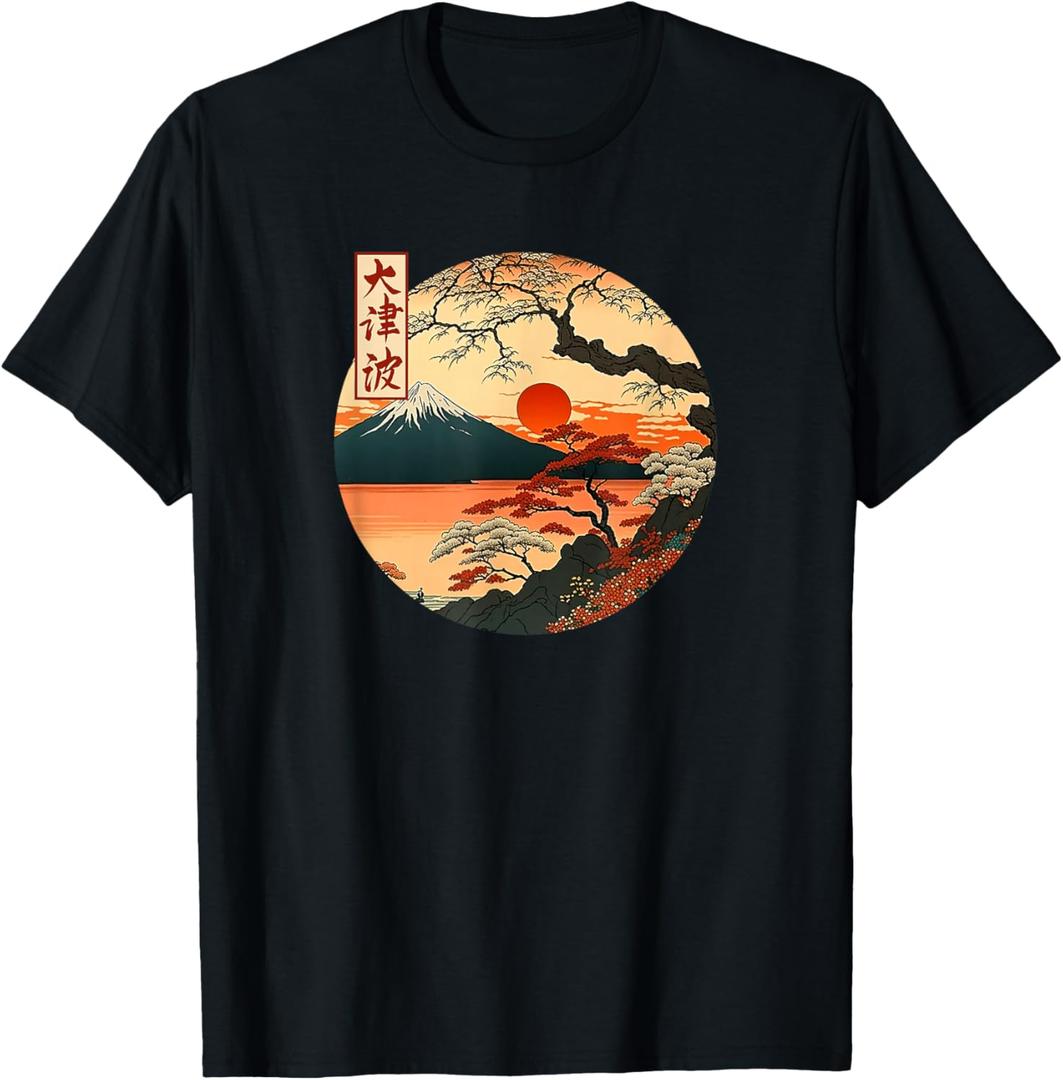 Japanese Red Sunset and mountain Asian Fuji Kanji Japan art T-Shirt, Size: 2XL