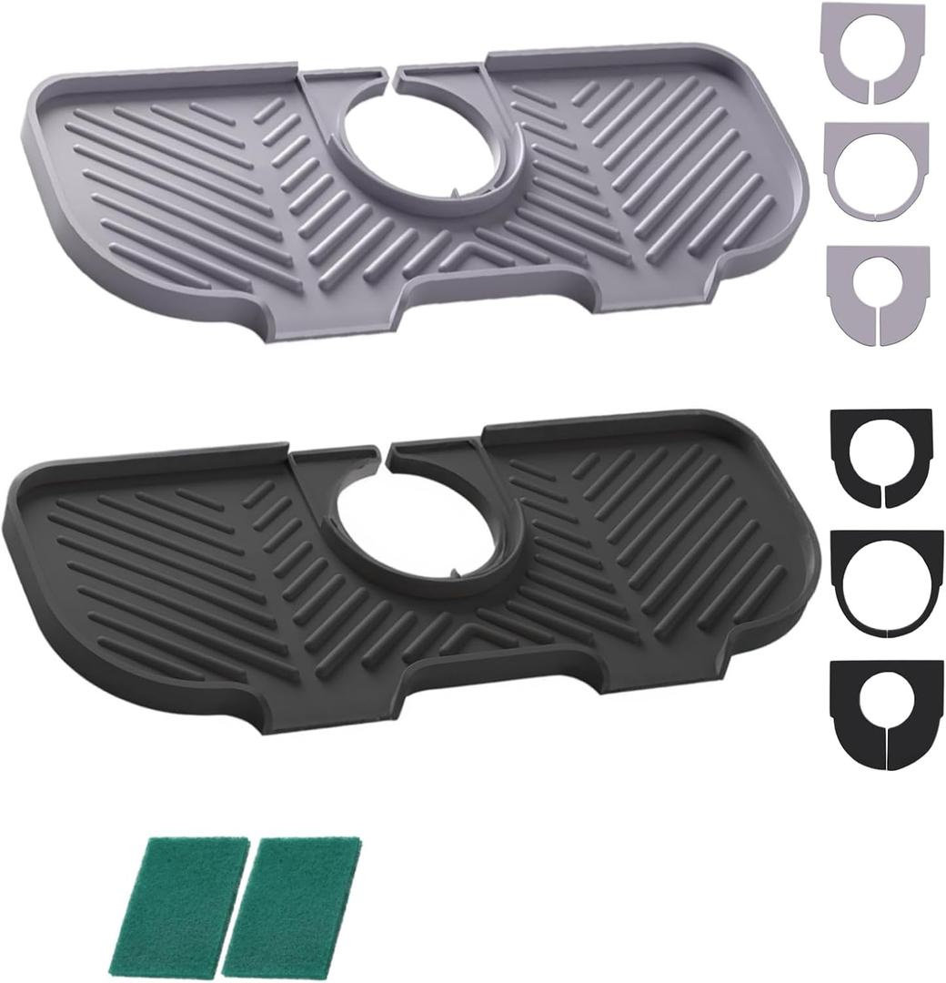 2 Pcs Silicone Faucet Splash Guard Faucet Mat for Kitchen Sink,Faucet Guard and Draining Mat,Kitchen Mat Catcher with 3 Sizes of Rubber Rings,6 Slope Sink Faucet Mat Splash Guard (Gray,Black)