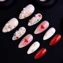 24Pcs Valentines Press on Nails Almond Medium Fake Nails with Heart Rhinestone Pearl Design Handmade Acrylic Nails Press ons Heart False Nails Full Cover Holiday Glue on Nail for Women Valentines Nail