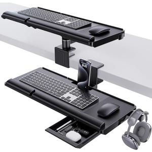 Klearlook Upgraded Adjustable Keyboard Tray for Above Desk & Under Desk Use - Ergonomic Sit-Stand Keyboard Riser with 360 Rotation, 24.4"x10" Keyboard Stand with Wrist Rest & Storage Drawer - Black