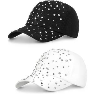 Loopeer 2 Pcs Adjustable Breathable Rhinestone Baseball Cap for Women Men Sequins Casual Sports Cap Rhinestone Hat (Black, White)