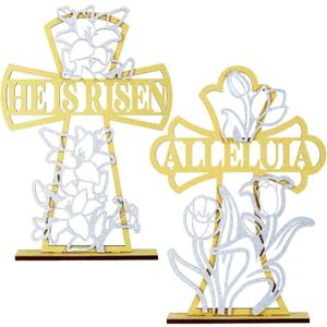 Blulu 2 Pcs Easter Decorations He Is Risen Jesus Cross Sign Gold Centerpieces Wood Tabletop Alleluia Flower Christians Set Table Decor for Indoor Outdoor 11''