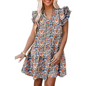 Dokotoo Womens Summer Dresses 2026 V-Neck Drawstring Ruffle Cap Short Sleeve Side Pockets Mini Dress Sundress M