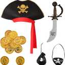 Kids Pirate Costume Girls Deluxe Buccaneer Dress Set for Halloween Party Dress Up, 5-7yrs