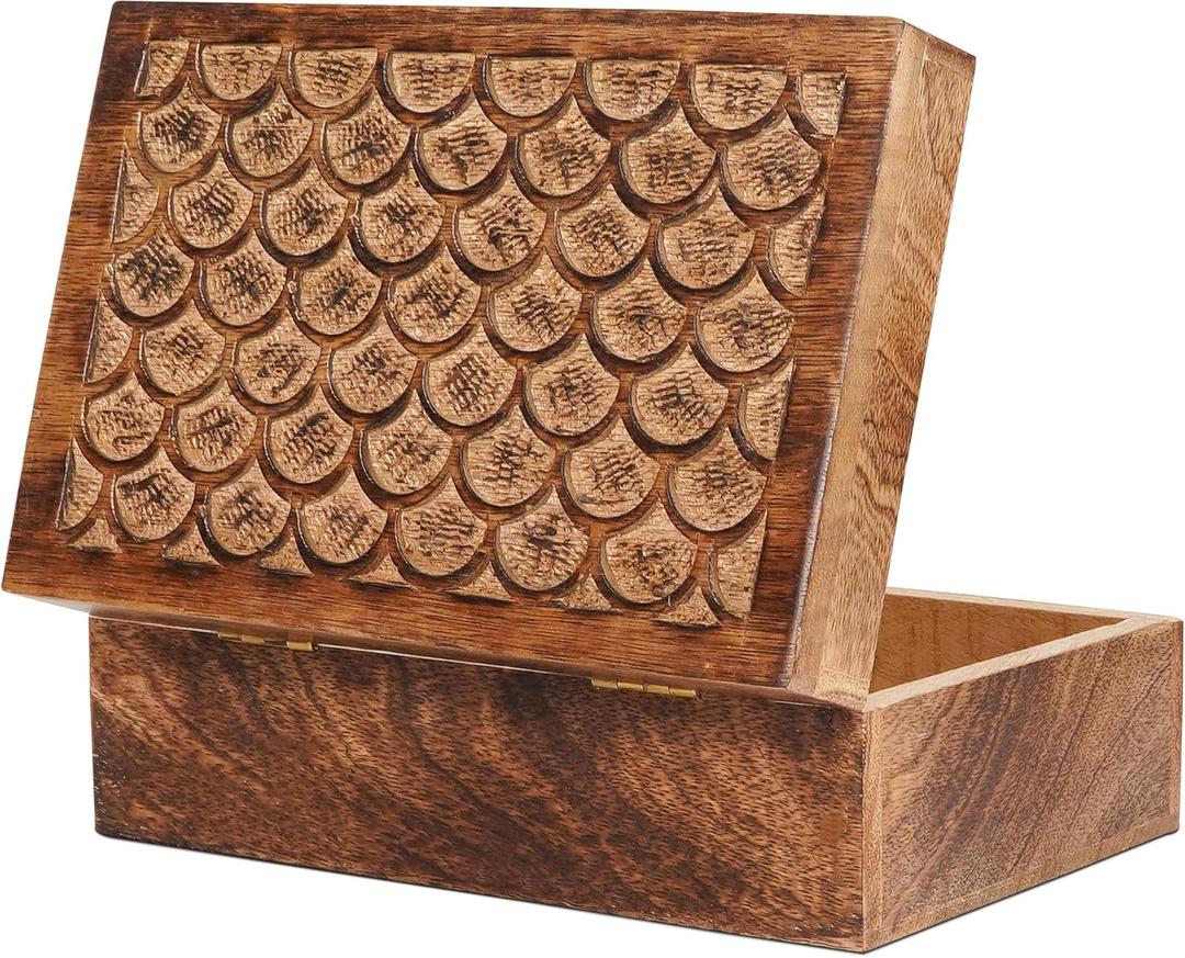 Carved Scallop Mango Wood Box with Lid - Medium Burnt Large Wooden Box - Handmade Decorative Box with Lid for Use As Memory Box, Keepsake Box, Photo Storage Box, and more - 9 x 6 x 3.5